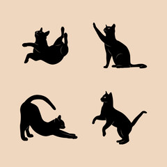 Czarny kot w różnych pozach. 4 koty - ilustracja wektorowa.