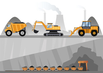 coal mining industry activities vector illustration, quarry area with mining transportation illustration, heavy equipment and machinery, mine industry and energy factory, resourve station