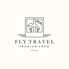 photo of airplane travel line art logo vector minimalist illustration design, airplane holiday adventure logo design