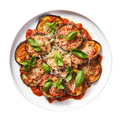 Delicious Plate of Eggplant Parmesean isolated on a Transparent Background