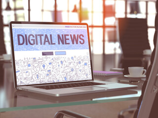 Modern Workplace with Laptop Showing Landing Page in Doodle Design Style with Text Digital News. Toned Image with Selective Focus. 3D Render.