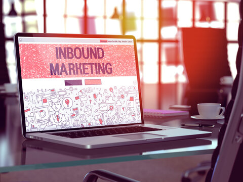 Inbound Marketing Concept. Closeup Landing Page on Laptop Screen in Doodle Design Style. On Background of Comfortable Working Place in Modern Office. Blurred, Toned Image. 3D Render.