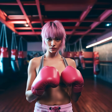 Young beautiful girl in boxing gloves