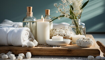 Fototapeta na wymiar A captivating commercial image showcasing an array of beauty care products meticulously arranged on a wooden table, including massage stones, essential oils, and sea salt. Based on Generative Ai.