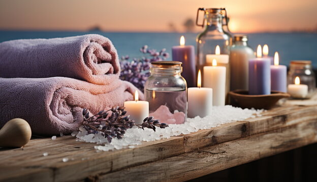 A captivating commercial image showcasing an array of beauty care products meticulously arranged on a wooden table, including massage stones, essential oils, and sea salt. Based on Generative Ai.