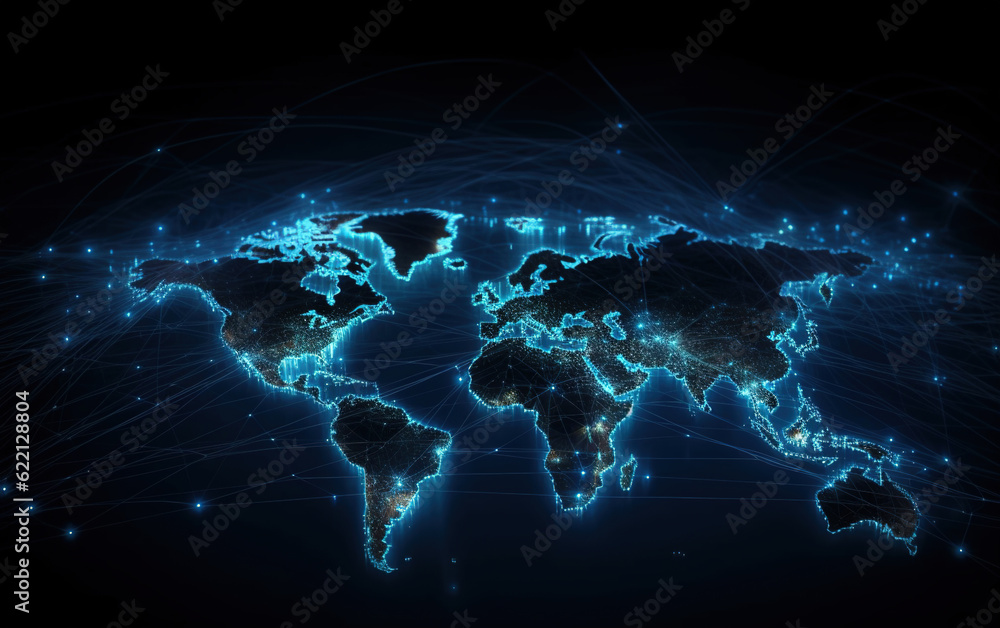 Poster glowing world map background,created with generative ai tecnology.