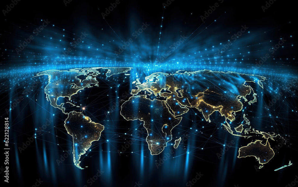 Poster glowing world map background,created with generative ai tecnology.