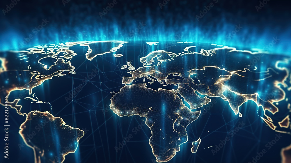Poster glowing world map background,created with generative ai tecnology.