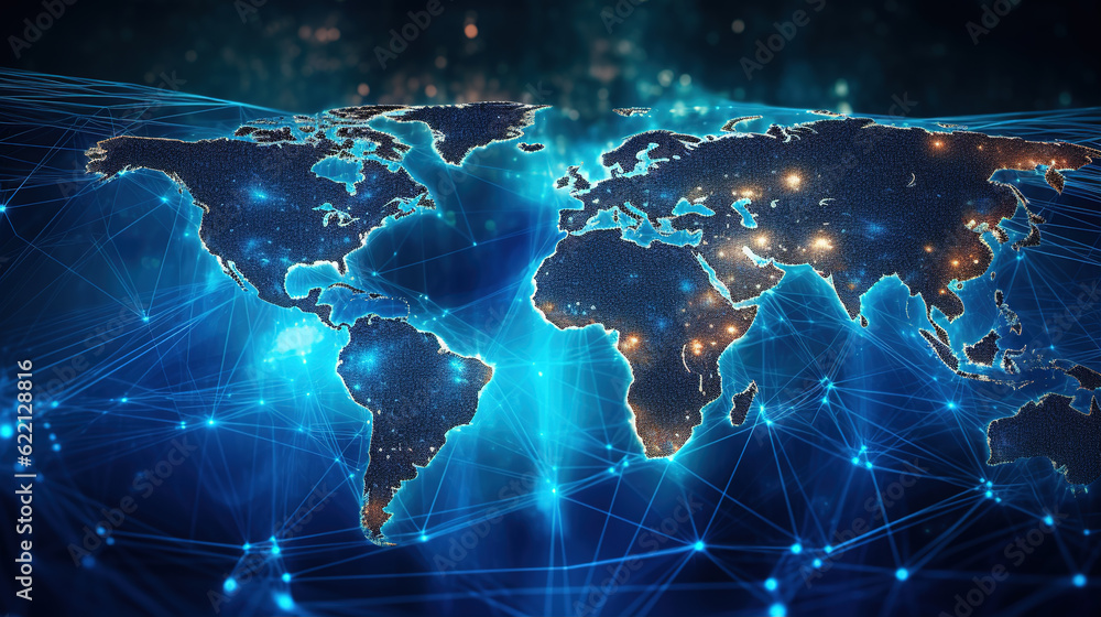 Poster glowing world map background,created with generative ai tecnology.