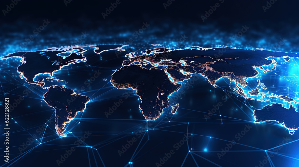 Poster glowing world map background,created with generative ai tecnology.