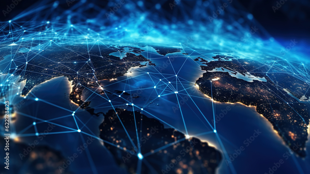Poster glowing world map background,created with generative ai tecnology.