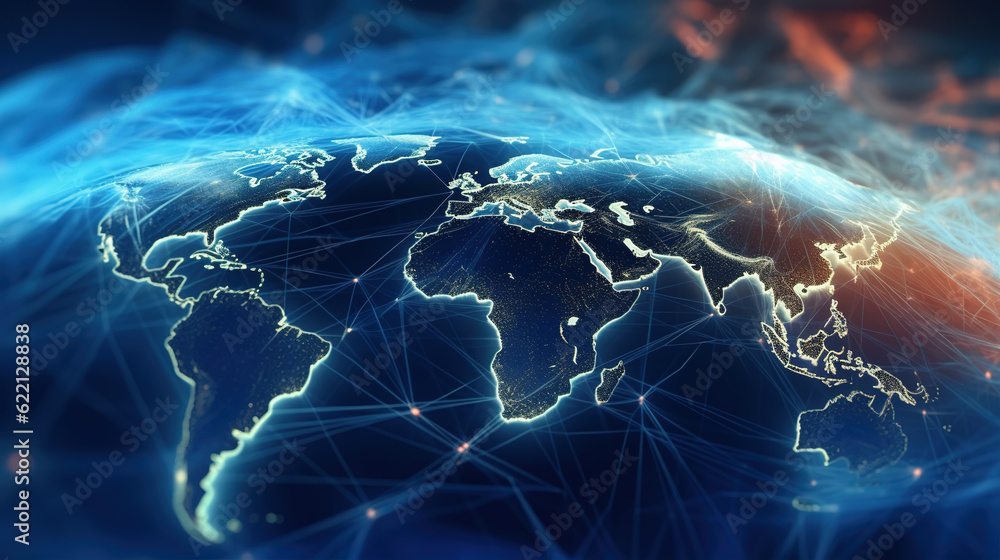 Poster glowing world map background,created with generative ai tecnology.
