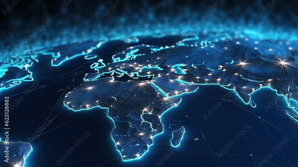 Poster glowing world map background,created with generative ai tecnology.