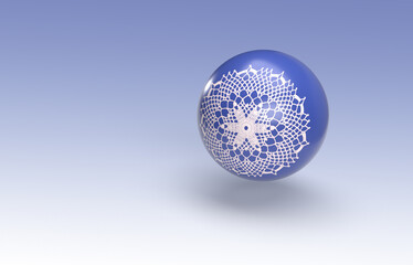 ブルーのグラデーションの背景に、 ブルーの球体に張り付いた白いクロッシェレース。
