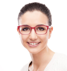 Fototapeta premium Smiling young fashion model posing on white background wearing red stylish glasses