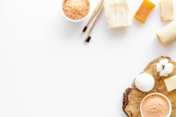 Organic cosmetic set with bamboo toothbrushes and massage sponge