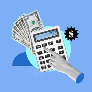 contable, contrataci&oacute;n de un contable, realizaci&oacute;n de c&aacute;lculos, pagos de impuestos, calculadora, contabilidad, finanzas personales, pago en d&oacute;lares, dinero, pago al gobierno, concepto, arte de collage