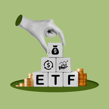 etf, invertir en etf, inversiones, dados de colocaci&oacute;n a mano, buena inversi&oacute;n, fondo de &iacute;ndice, grupo de acciones, idea de inversi&oacute;n, acciones, grupo de acciones, arte de collage, collage 