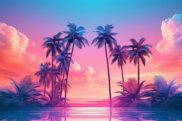 Fototapeta na wymiar Tropical and palm leaves in vibrant bold gradient holographic neon colors
