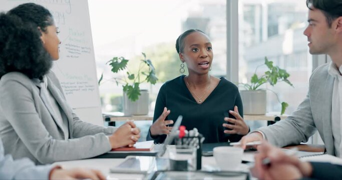 Workshop, onboarding and woman with business people at whiteboard for feedback, brainstorming or leadership. Planning, teamwork and discussion, manager training men and women pitch ideas or proposal.