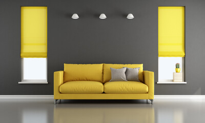 Black and yellow living room with modern sofa and two windows with curtains - 3d rendering