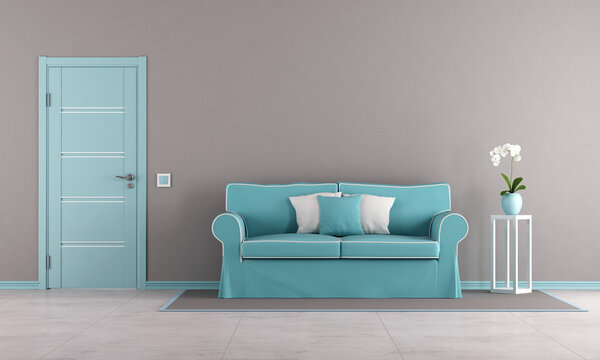 Brown and blue living room with elegant sofa and closed door - 3d rendering