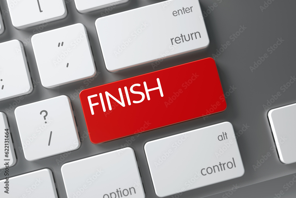 Poster finish concept metallic keyboard with finish on red enter key background, selected focus. 3d render.