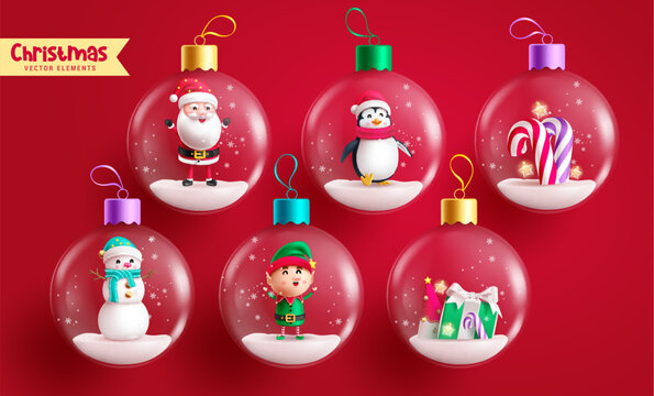Christmas crystal ball vector set design. Christmas glass sphere, bauble and glass balls with xmas season characters for holiday decoration elements. Vector illustration round ball ornament collection