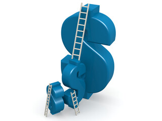 Blue dollar sign with ladder, 3D rendering