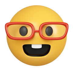 3d Nerd face emoji with spectacles. Cute smiling emoticon wearing eyeglasses, emoji, smiley. icon isolated on gray background. 3d rendering illustration. Clipping path.