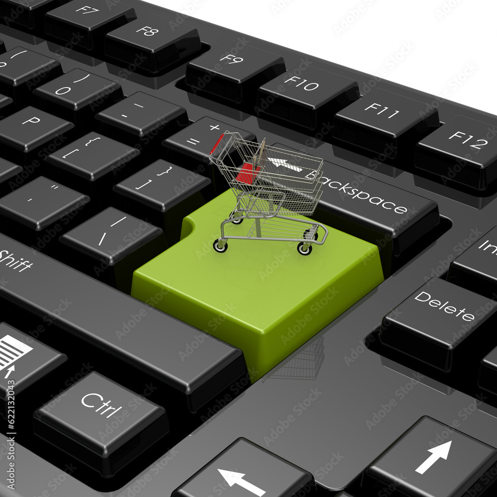 Aufkleber shopping cart on black computer keyboad, business concept image with hi-res rendered artwork that co