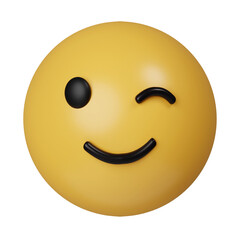 3d Winking Face. Eye wink emoji, funny yellow emoticon with smiling lips. icon isolated on gray background. 3d rendering illustration. Clipping path.