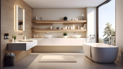 white bathroom Toilet and bath on the side, modern flooring Generative AI