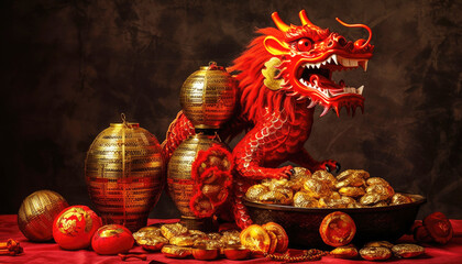 Chinese dragon with decorating spirit offerings props pay respect to god or make sacrifice to Chinese gods on red background. Chinese New Year 2024 and Zodiac art sculpture concept. Generative AI