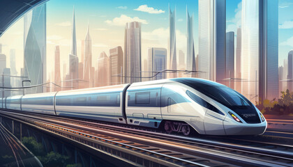 High speed Sky train electric train with city urban life background. Transportation and traffic concept. Generative AI