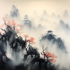 Chinese painting ink of a hill covered by fog and cherry trees, morning sunshine on the top of hill