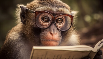 Eyeglasses genius monkey reading book and news for education in school on nature background. Animal and wildlife concept. Generative AI