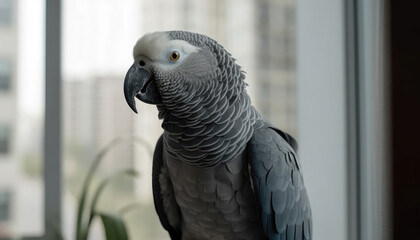 African gray parrot bird lonely looks out of the window as he is far from his owner who has to work outside. Pets and animal concept. Generative AI