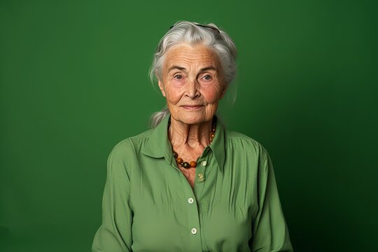 Portrait of a happy senior woman with grey hair against green background