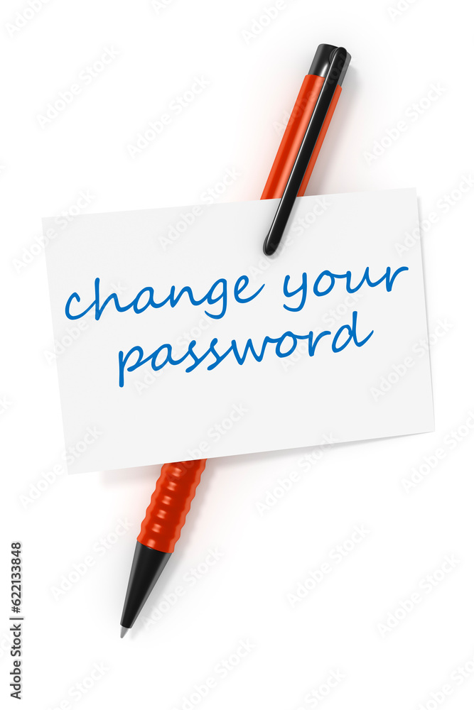 Poster 3d rendering of a business card and a ball pen and the text change your password
