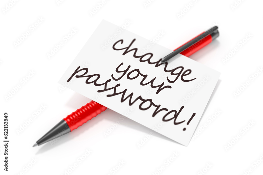 Poster 3d rendering of a business card and a ball pen and the text change your password