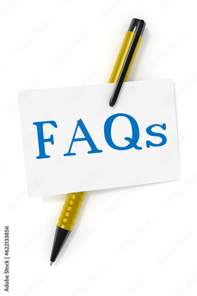 Poster 3d rendering of a business card and a ball pen and the text faqs