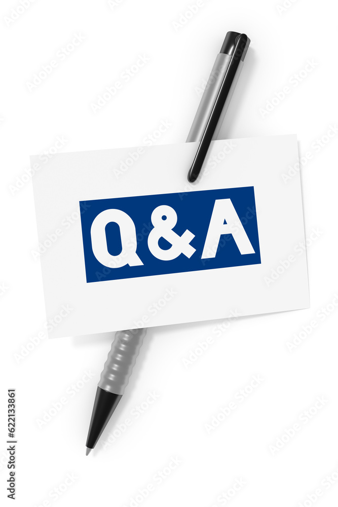 Poster 3d rendering of a business card and a ball pen and the text questions and answers