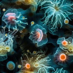 Seamless pattern texture Underwater world with fluorescent jellyfish. AI Generation 