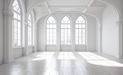 Fototapeta na wymiar empty luxurious room with white walls and large windows. indoor room with wooden floor for mockup and background