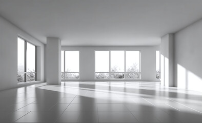 empty luxurious room office with white walls and large windows. indoor room with wooden floor for mockup and background