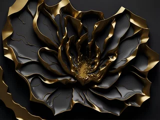Fototapete Fraktale Wellen Lutus flower 3d wallpaper for wall frames fractal flowers golden and black liquid marble background. Resin geode and abstract art, functional art, like geode painting. Ai Generated