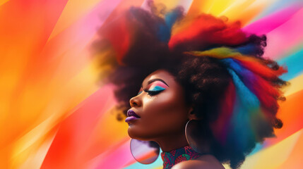 Fototapeta premium Beautiful young african american woman, blur soft colorful background
