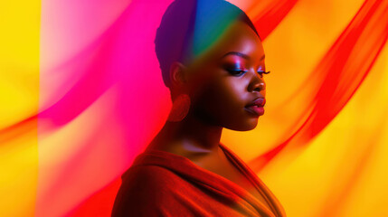 Beautiful young african american woman, blur soft colorful background