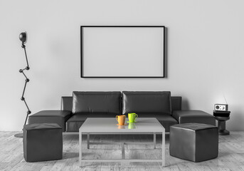 Living room, sofa, two stool and table. On the wall of an empty picture frame. 3D illustration